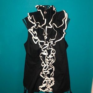 Black and White sleeveless ruffle blouse